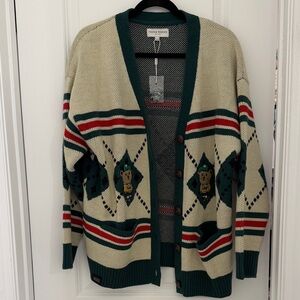 Teenie Weenie Teddy Bear Knit Cardigan in Cream & Forest Green
